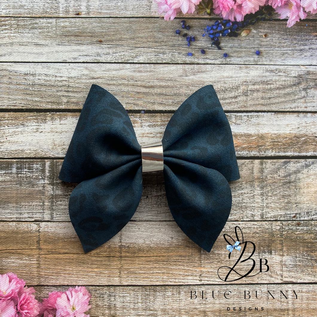 Navy Suede Leopard Bow